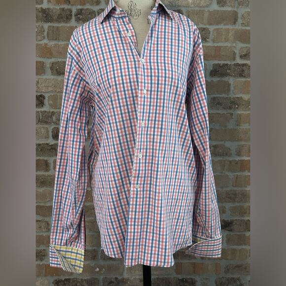 Duncan Quinn $600 striped check pink blue French cuff button down shirt sz 17.5 - Picture 4 of 9